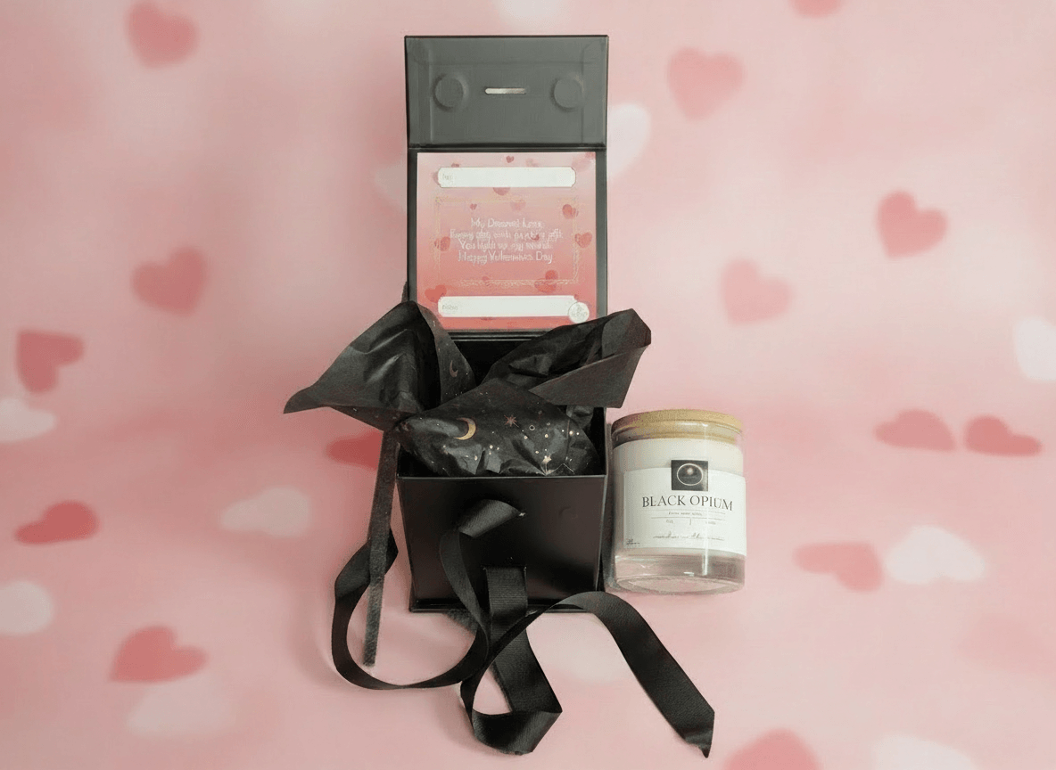 Black Opium luxury scented candle gift box with personalized message for Valentine's Day.