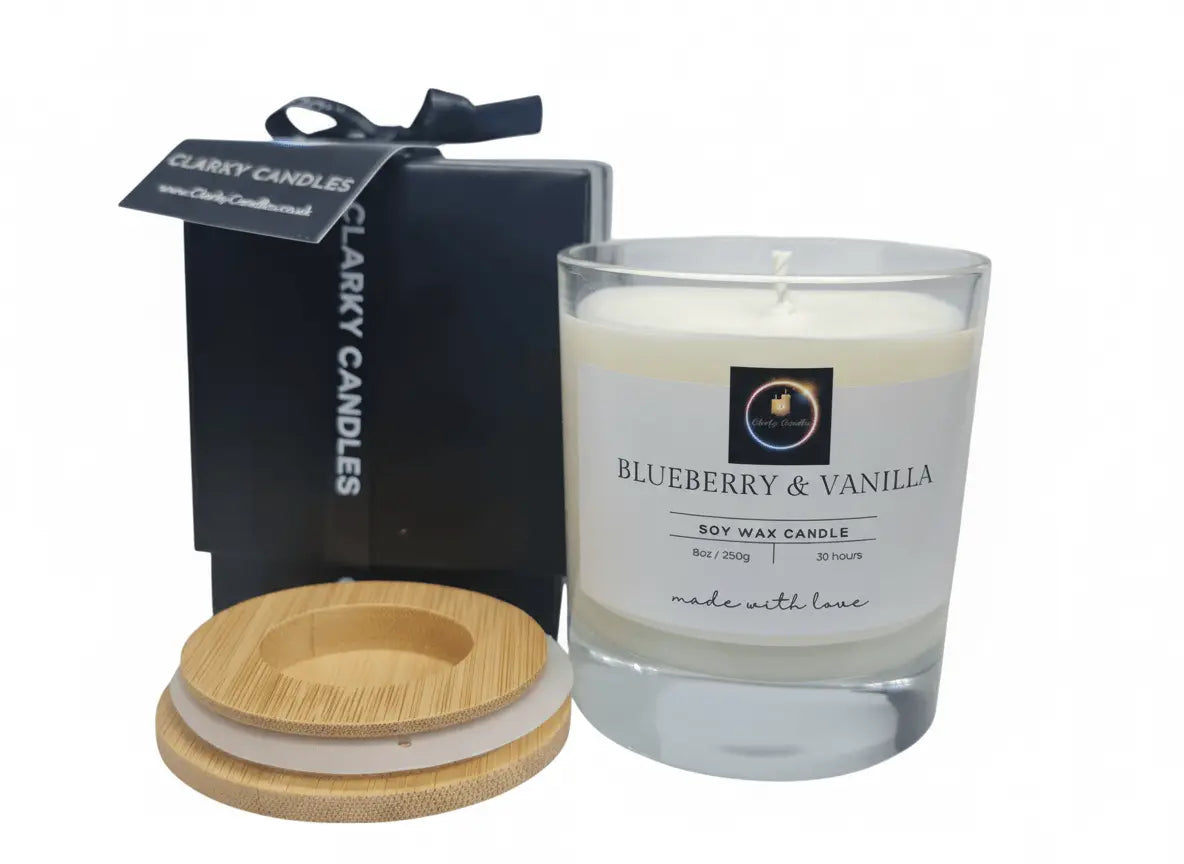 Blueberry & Vanilla Luxury Scented Candle with black gift box and wooden lid, handmade soy wax candle by Clarky Candles