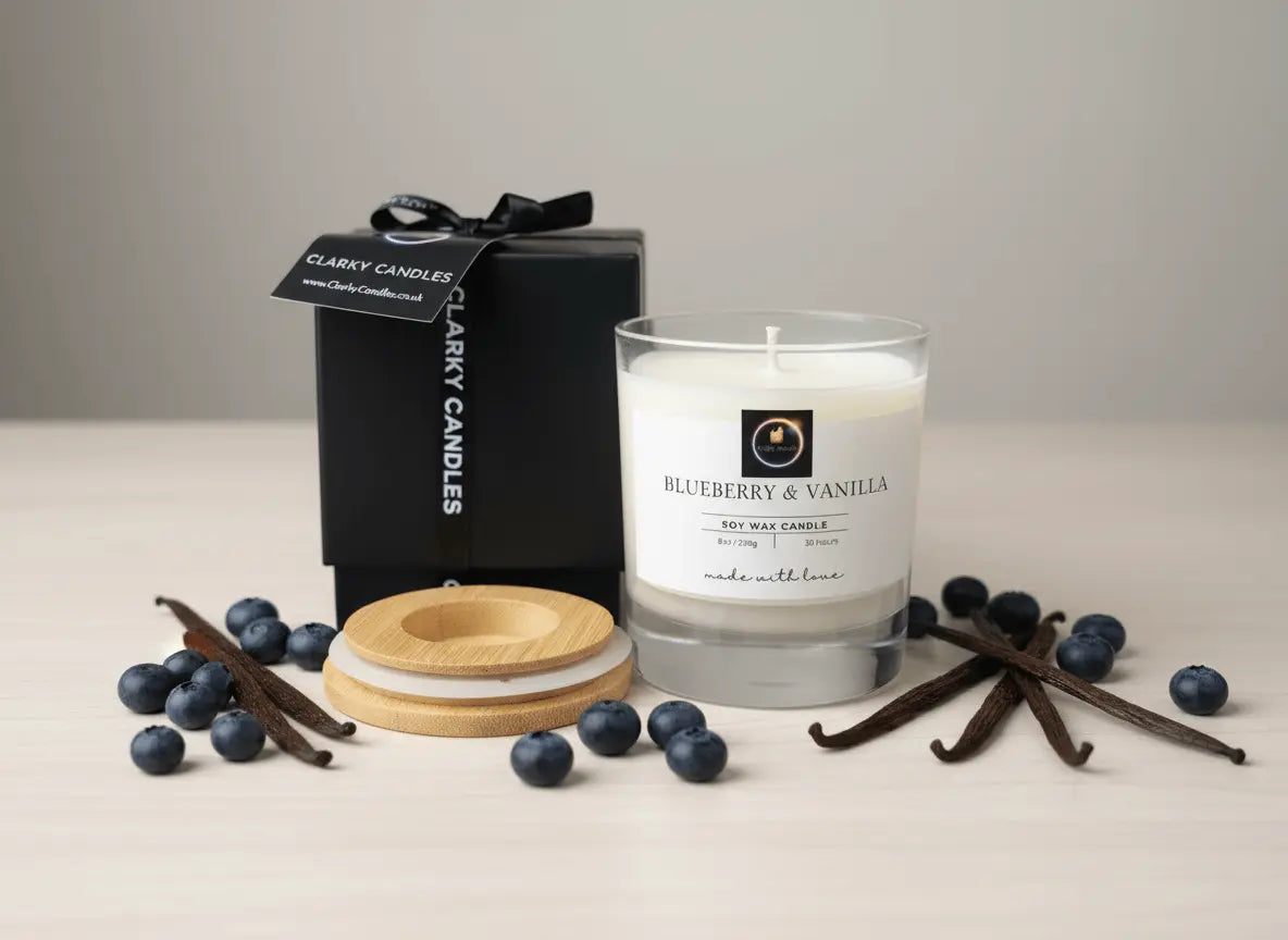 Blueberry & Vanilla Luxury Scented Candle by Clarky Candles with black gift box, wooden lid, fresh blueberries and vanilla pods on light wooden table