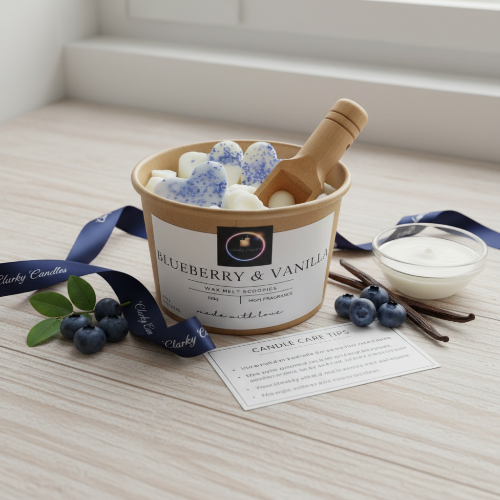 Blueberry and vanilla scented wax melt scoopies in a 120g container with a wooden scoop, fresh blueberries, vanilla pods, and candle care tips on a light wooden surface
