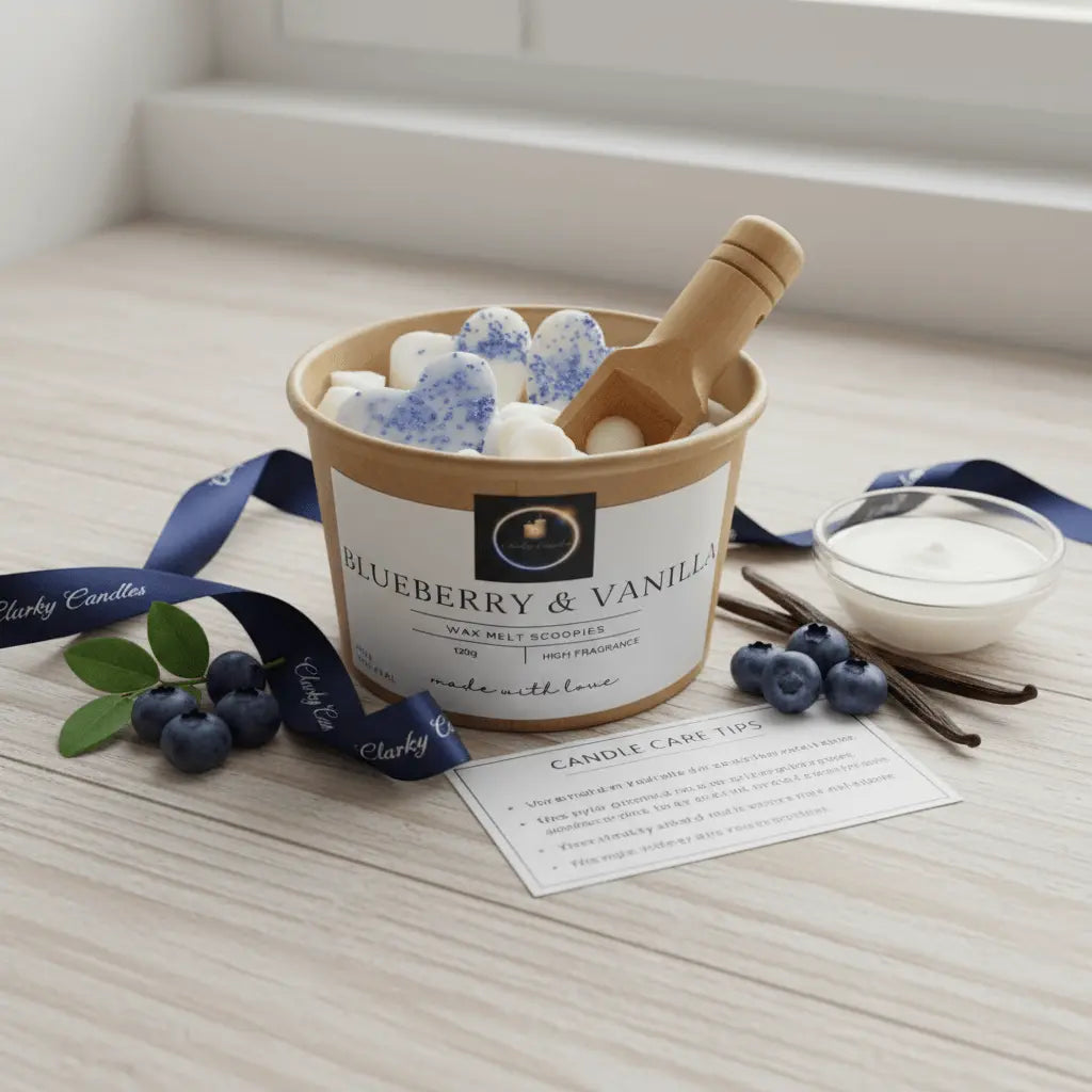Wax Melt Scoopies 120g container Blueberry Vanilla scent with wooden scoop on table with blueberries and candle care tip card