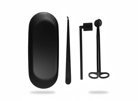 Candle Tool Set - Black including wick trimmer, snuffer, and tweezers on a tray for candle care.