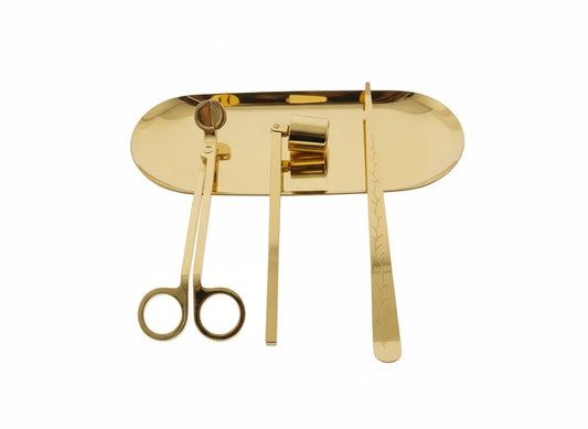 Candle Care Tools - Gold | Premium Wick Trimmer & Snuffer Set displayed on a polished tray.