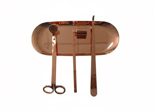 Candle Tool Set - Rose includes a wick trimmer, snuffer, and holder on an elegant tray.