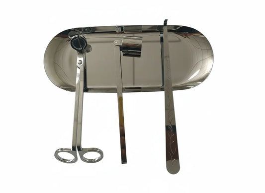Candle Care Tools - Silver set including wick trimmer, snuffer, and tray for complete candle maintenance.