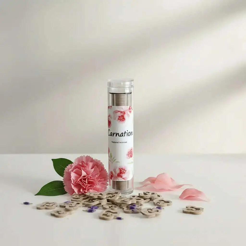 Incense wooden sticks in a clear tube labeled Carnation, surrounded by flower petals and decorative letters.