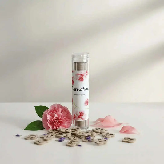 Incense wooden sticks in a clear tube labeled Carnation, surrounded by flower petals and decorative letters.