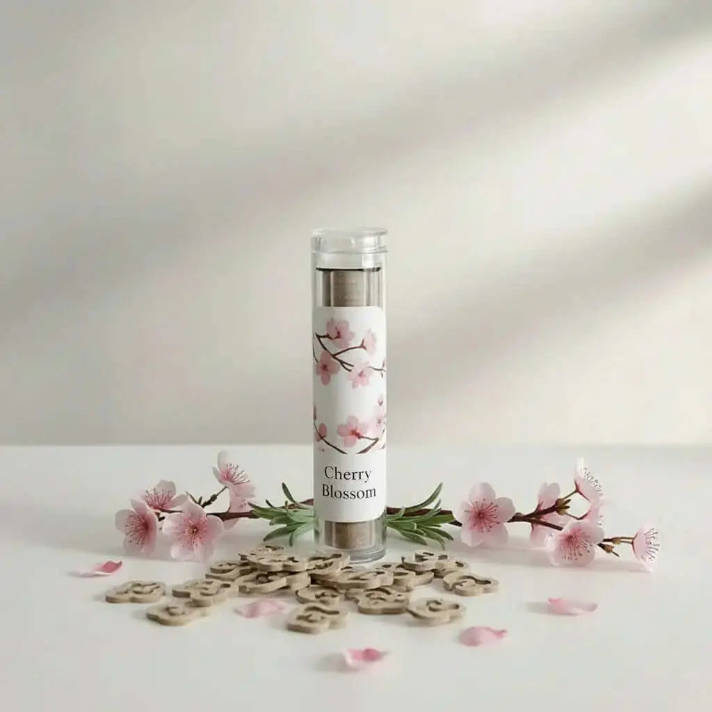Incense wooden sticks in a clear tube labeled Cherry Blossom, surrounded by cherry blossom flowers and wooden letters.