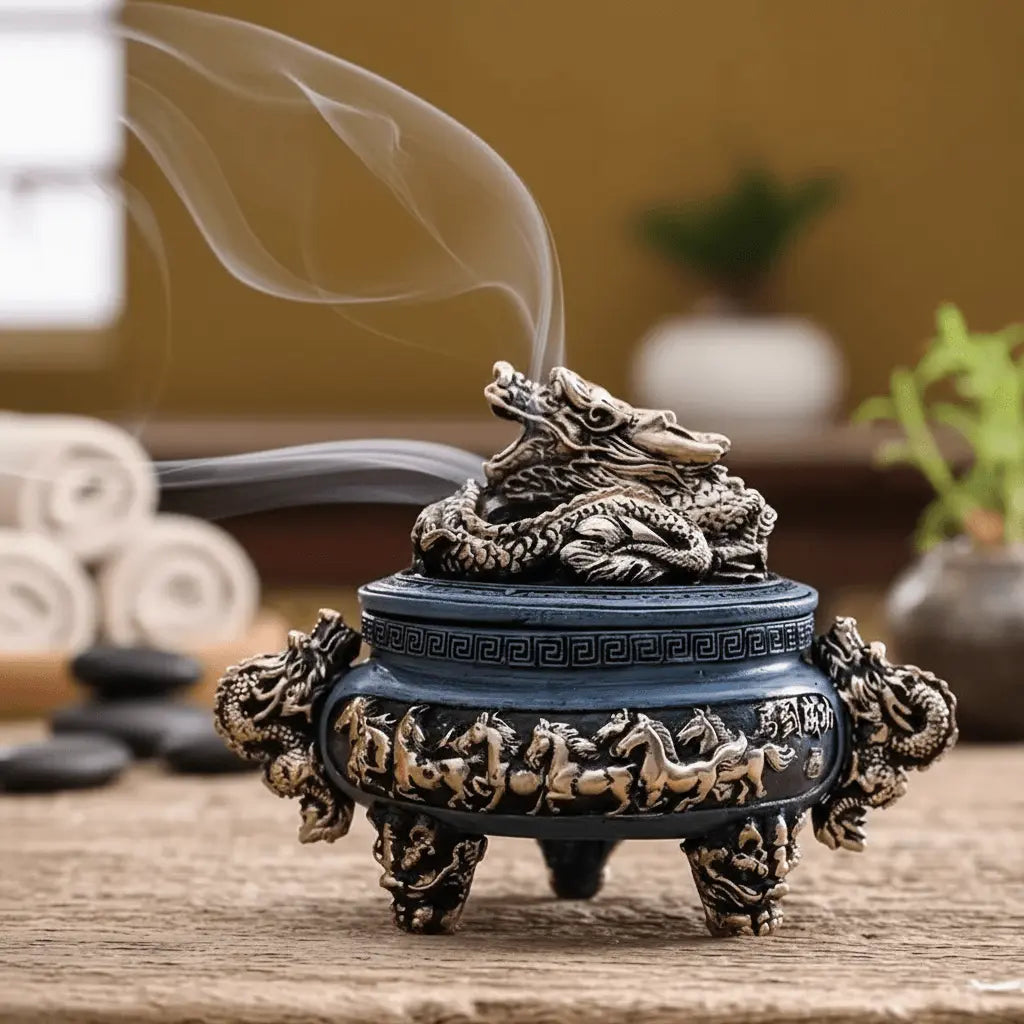 Chinese Ancient Dragon Incense Burner with ornate lid and blue finish, adding calm and style to any space.