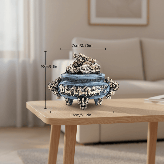Chinese Ancient Dragon Incense Burner displayed on a wooden table, showcasing its ornate design and measurements.