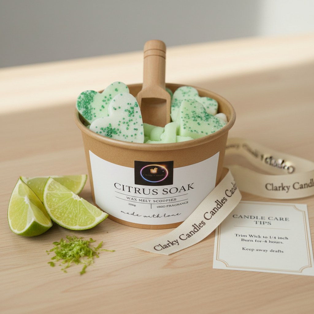 Wax Melt Scoopies Citrus Soak 120g container with green heart-shaped wax melts, lime slices, and candle care tips from Clarky Candles