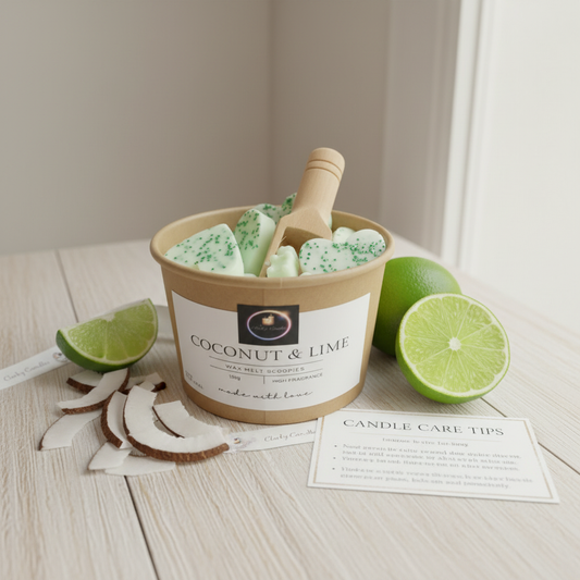 Coconut and lime wax melt scoopies in a resealable container with tropical fresh scent and natural ingredients