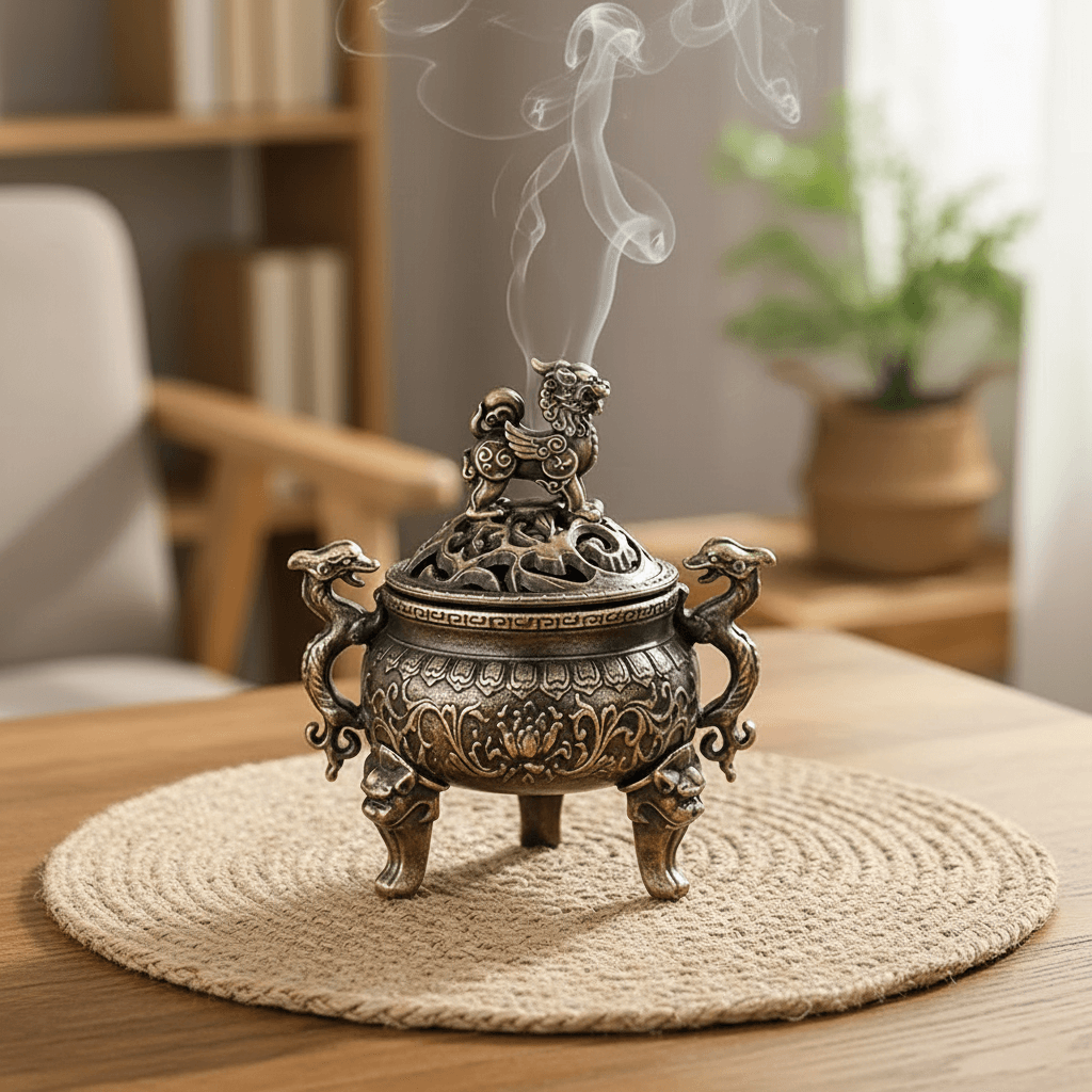 Ornate double dragon incense burner with lid releasing smoke on a table