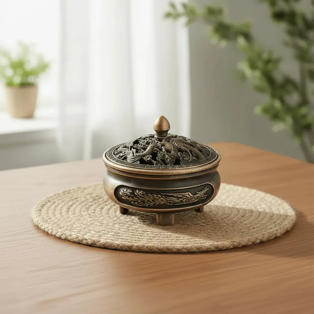 Mini dragon incense burner with lid on a table in a bright room