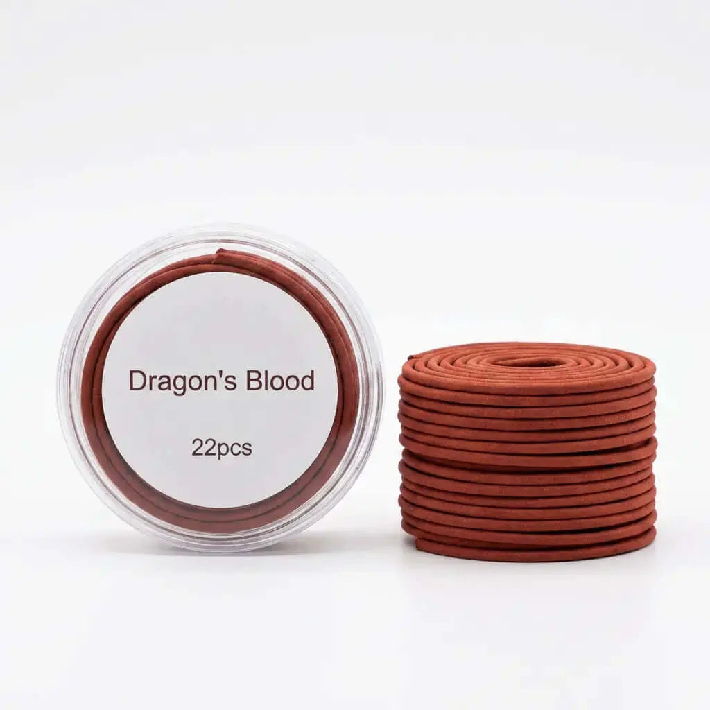 Dragons Blood incense coils in a pack of 22 with Dragons Blood 22pcs label and coil stack