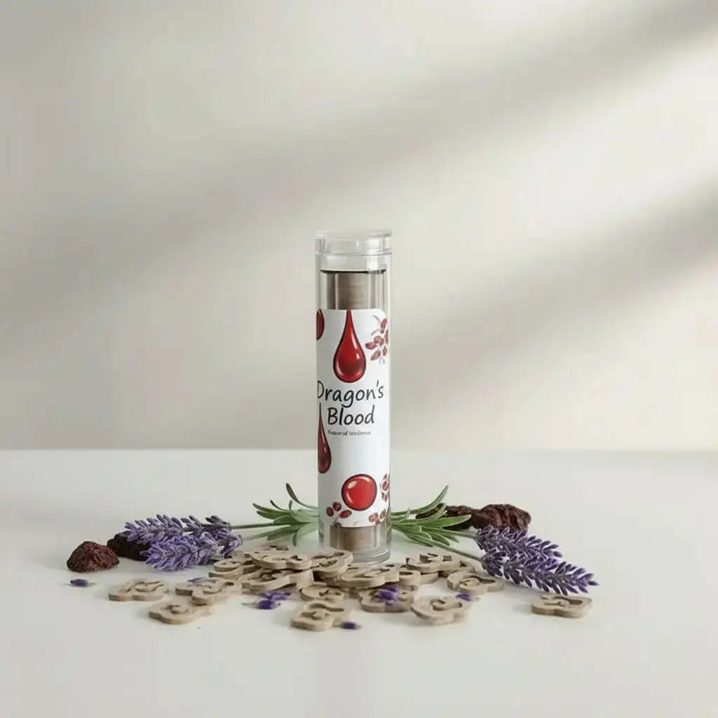 Dragon's Blood incense wooden sticks with natural herbs and flowers on a neutral background.