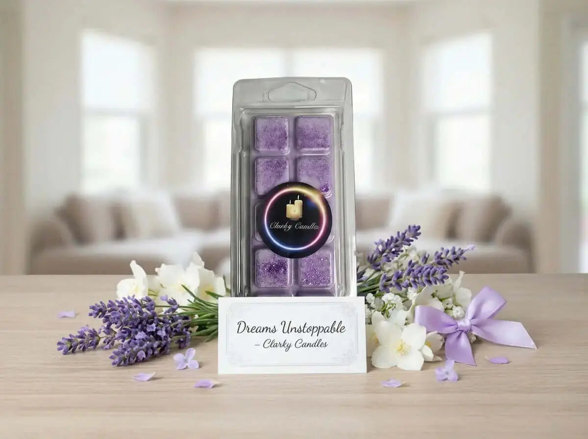 Dreams Unstoppable wax melt snap bar (50g) by Clarky Candles displayed in a clear clamshell on a wooden table with a “Dreams Unstoppable – Clarky Candles” card and lavender-themed floral props in a bright living room background.