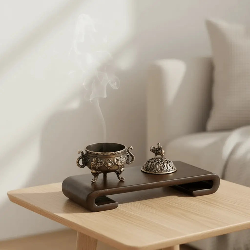 Elephant vintage-inspired incense burner shown with bowl and lid on a side table