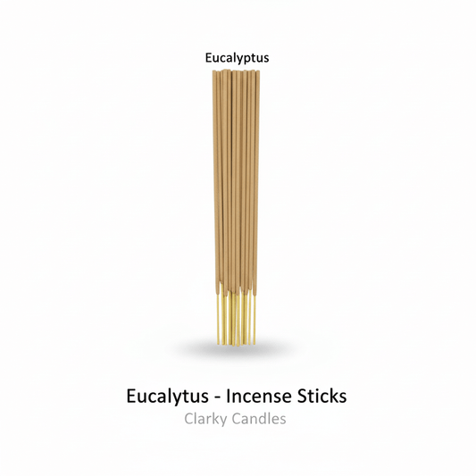 Eucalyptus incense sticks bundle on white background with label Eucalyptus - Incense Sticks