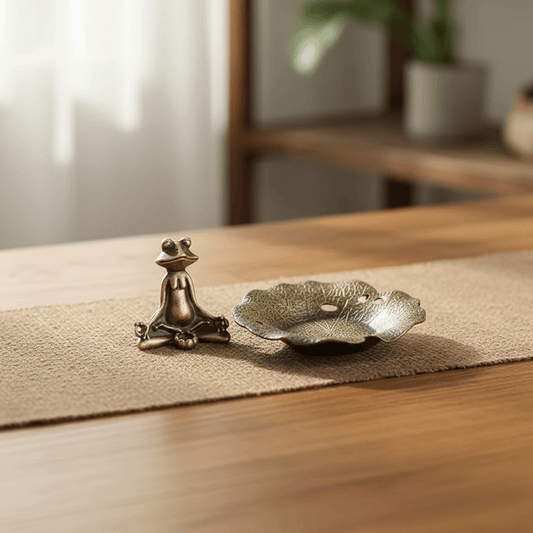 Frog on Lotus Leaf Incense Stick Holder with meditating frog and lotus leaf ash catcher dish