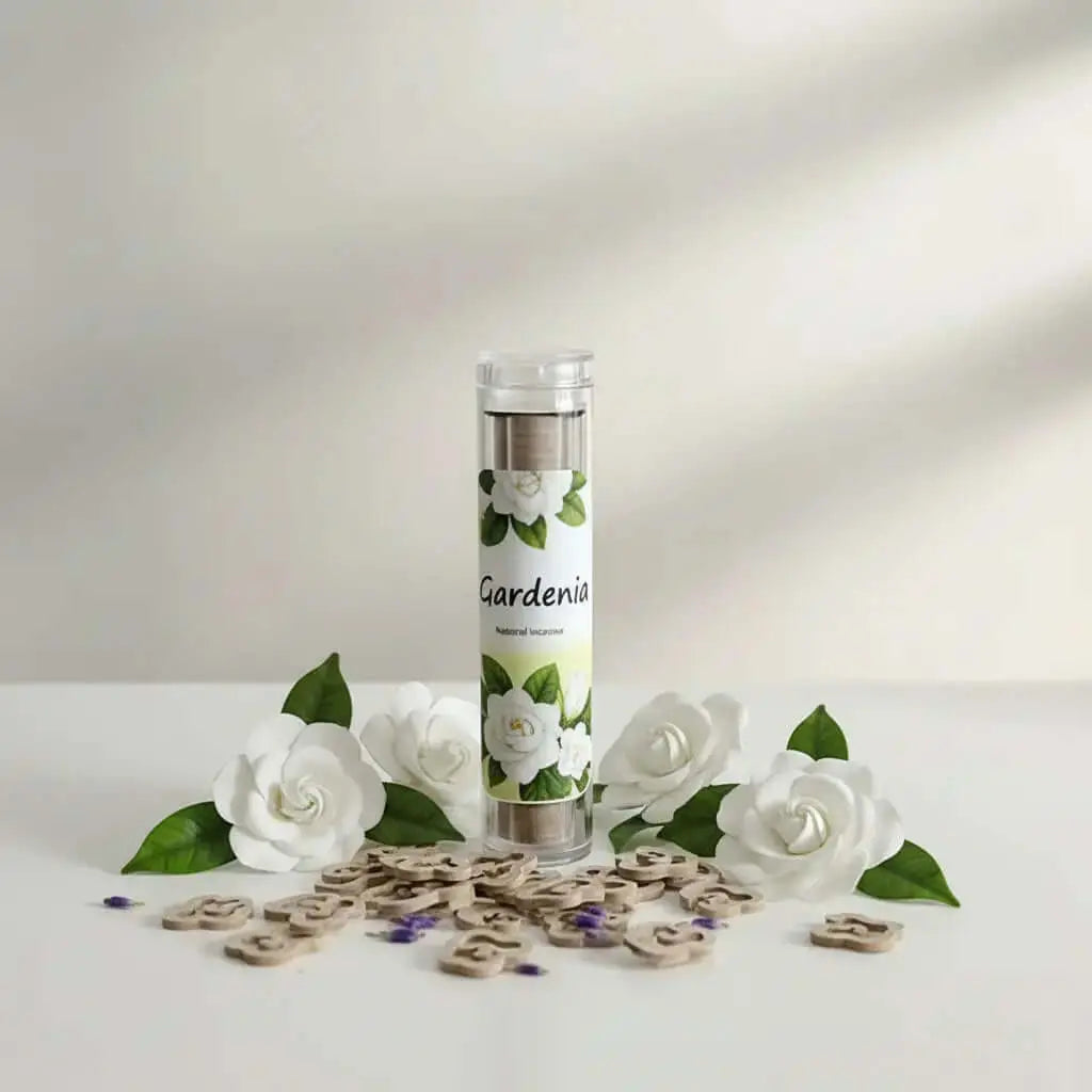 Incense wooden sticks in a tube with gardenia scent surrounded by white flowers and decorative wooden pieces.