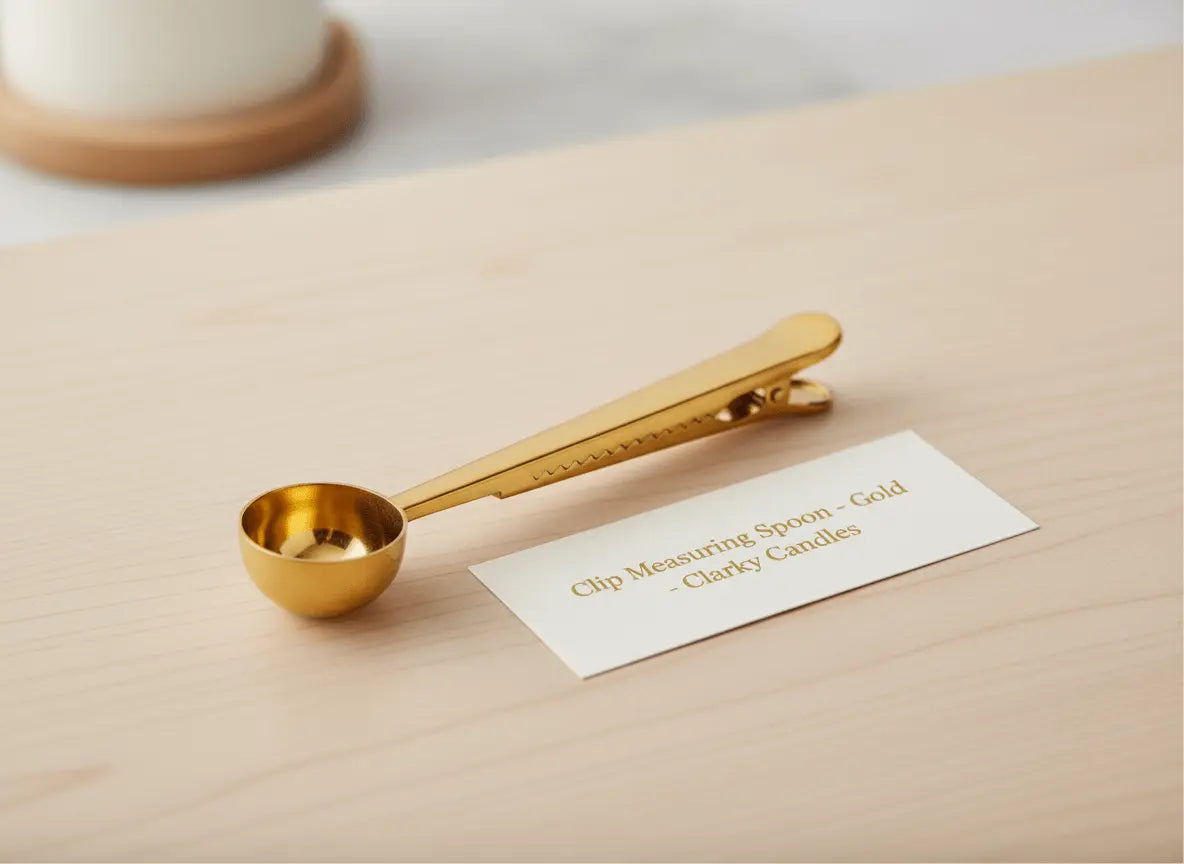 Clip Scooping Spoon Spoon - Gold on a wooden surface with a label from Clarky Candles.