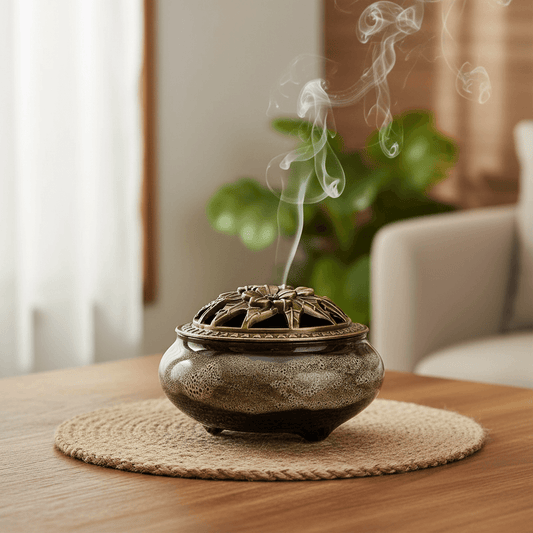 Grey ceramic incense burner kiln with decorative lid releasing smoke on a table