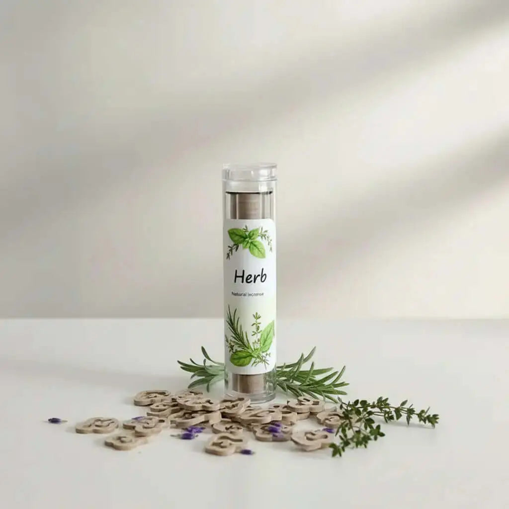 Incense wooden sticks in a clear tube labeled 'Herb' with surrounding natural herbs on a light background.
