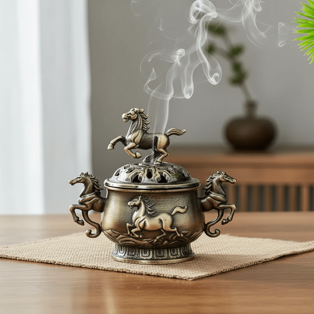 Horse to Success Incense Burner showcasing intricate horse designs and smoke rising, perfect for home décor.