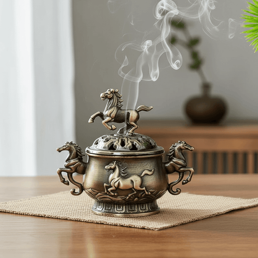 Horse to Success Incense Burner showcasing intricate horse designs and smoke rising, perfect for home décor.