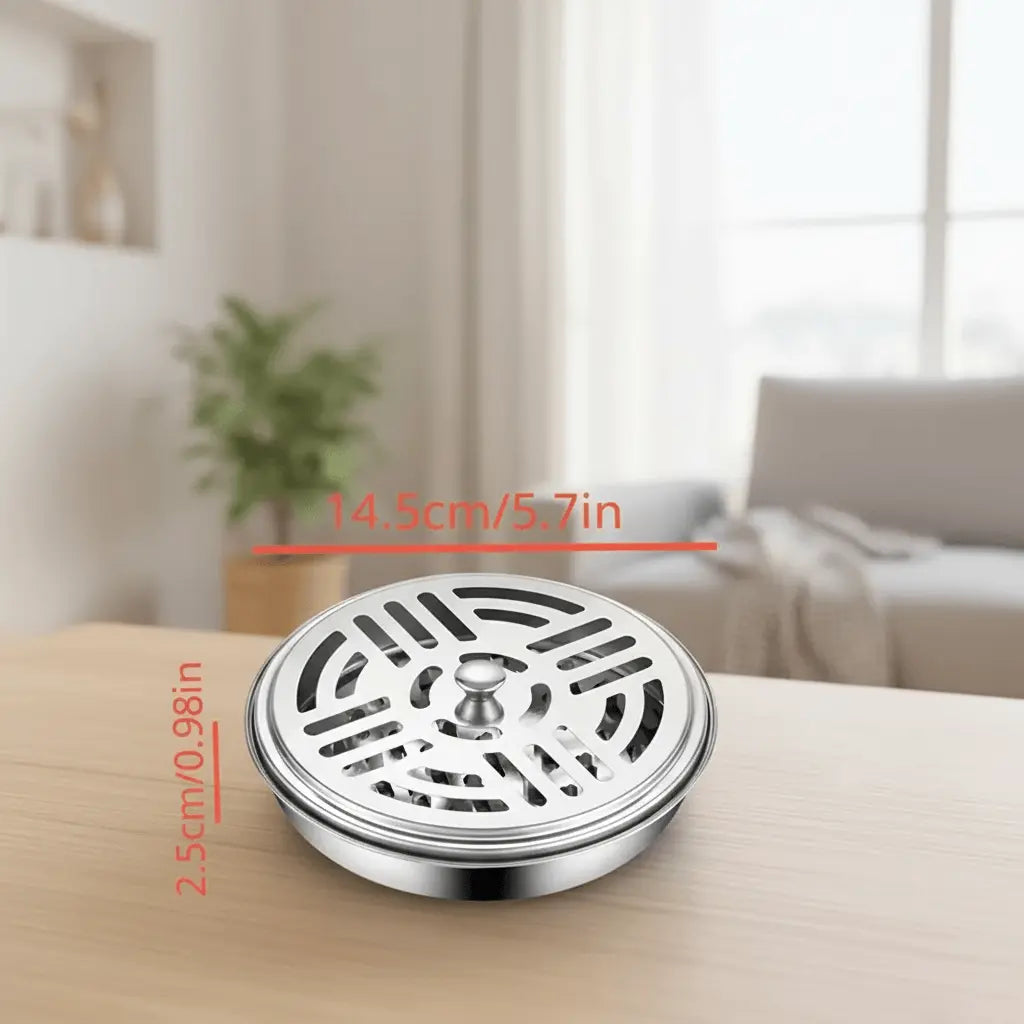 Stainless steel incense coil burner size guide showing 14.5cm diameter and 2.5cm height
