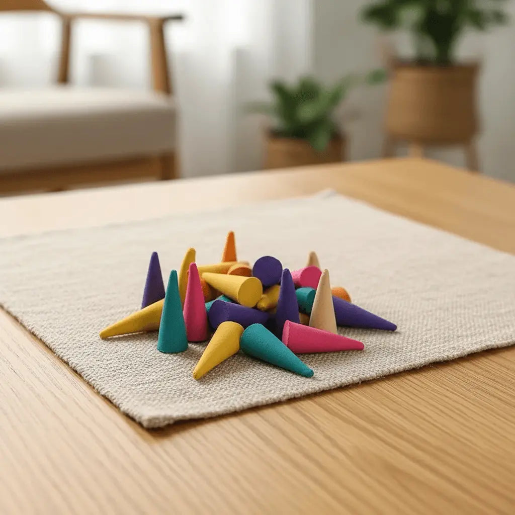 Colourful assorted incense cones displayed on a table showing variety of fragrances