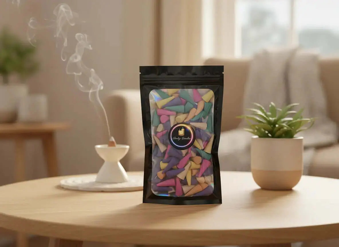Clarky Candles incense cones x100 in a black resealable pouch with a holographic window showing multicolour cones, styled on a wooden table in a cosy home setting with an incense holder in the background.