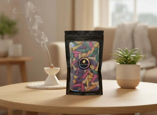Clarky Candles incense cones x100 in a black resealable pouch with a holographic window showing multicolour cones, styled on a wooden table in a cosy home setting with an incense holder in the background.