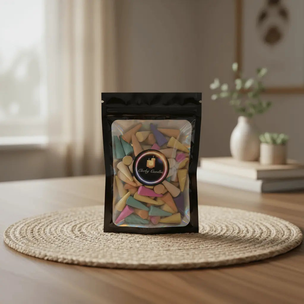Mixed Fragrance Incense Cones x50 in black resealable pouch with holographic window and Clarky Candles logo, on a warm wooden table.