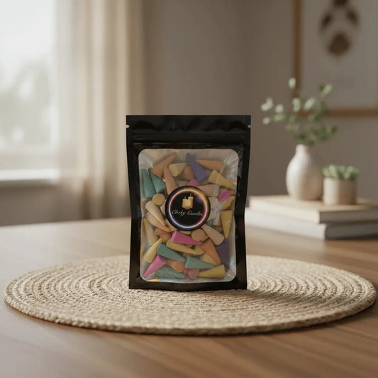 Mixed Fragrance Incense Cones x50 in black resealable pouch with holographic window and Clarky Candles logo, on a warm wooden table.