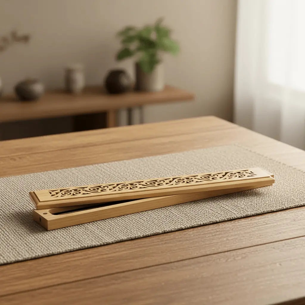 Incense holder with ashes catcher on a textured mat, displaying wooden design and elegant details, perfect for calming spaces.