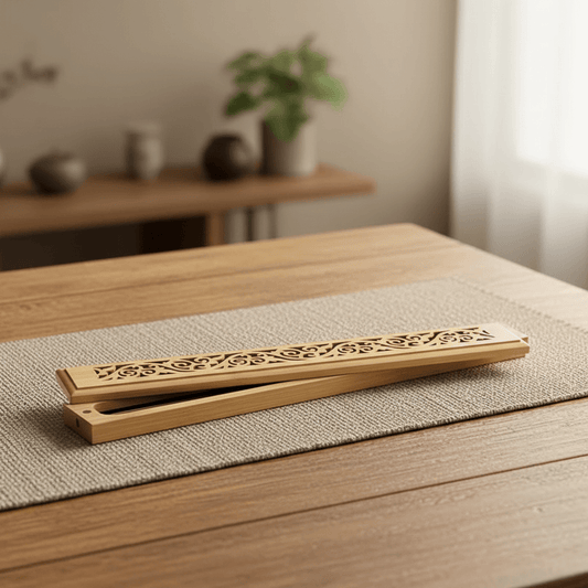 Wooden incense holder with ash catcher lid in a minimalist home setting