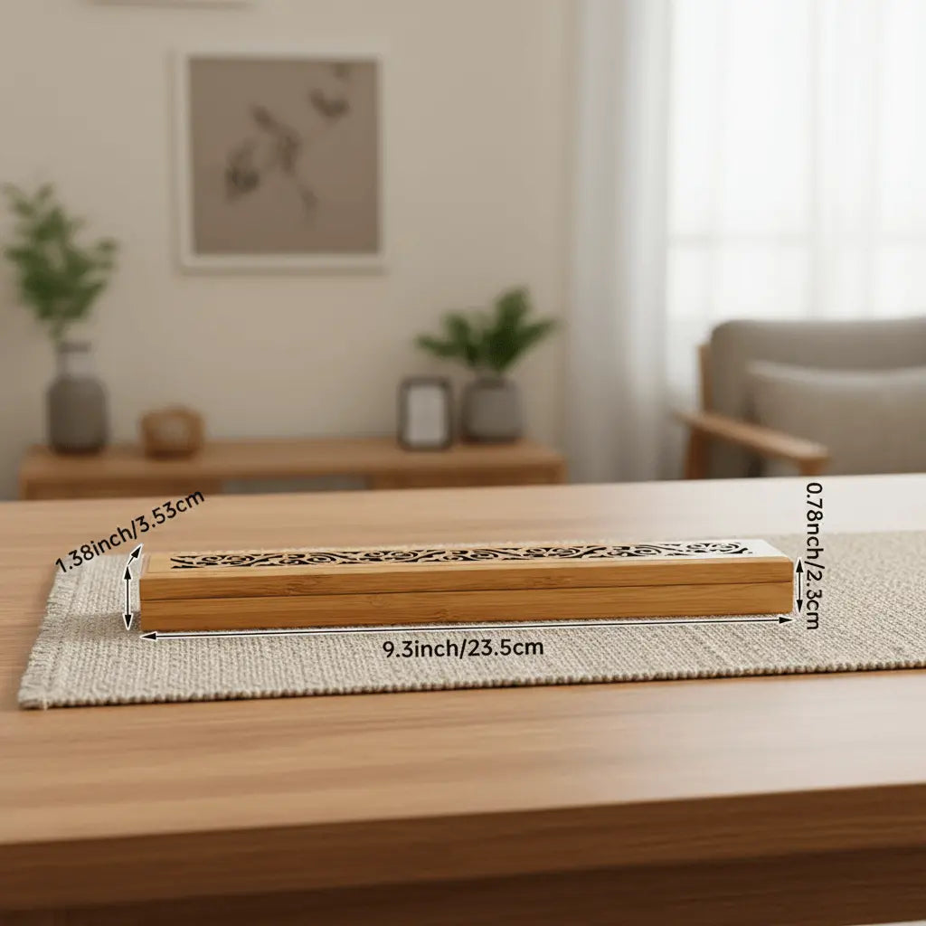 Incense holder with ashes catcher placed on a table, showcasing its dimensions and wooden design, ideal for incense sticks.