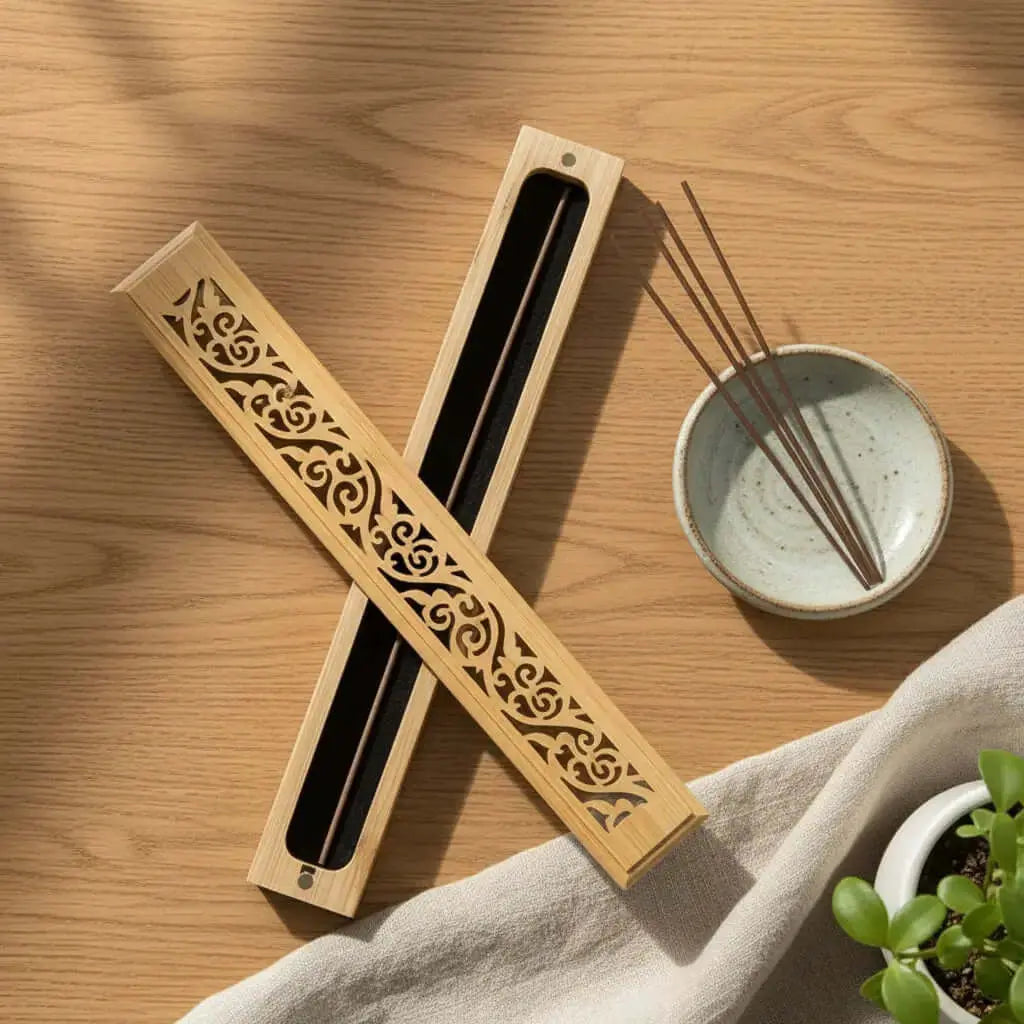 Incense holder with ashes catcher featuring ornate design, wooden stick burner and incense sticks on a wooden table.