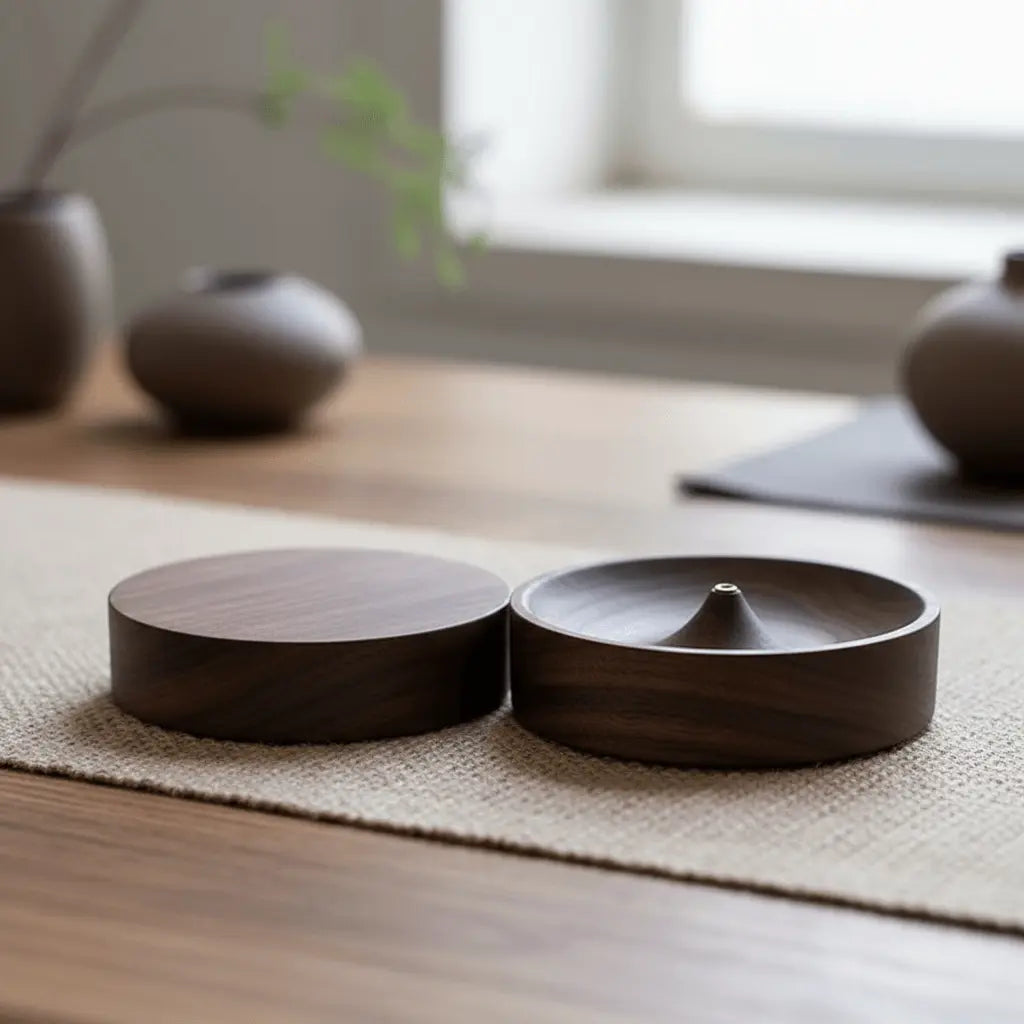 Solid Wood Incense Stick Holder on a table, featuring a minimalist design for catching ash neatly.