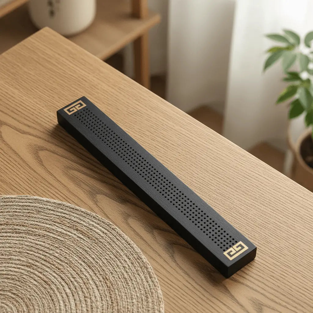 Incense Stick Holder with Ash Catcher Cloud displayed on a wooden table, featuring a sleek black design and decorative details.