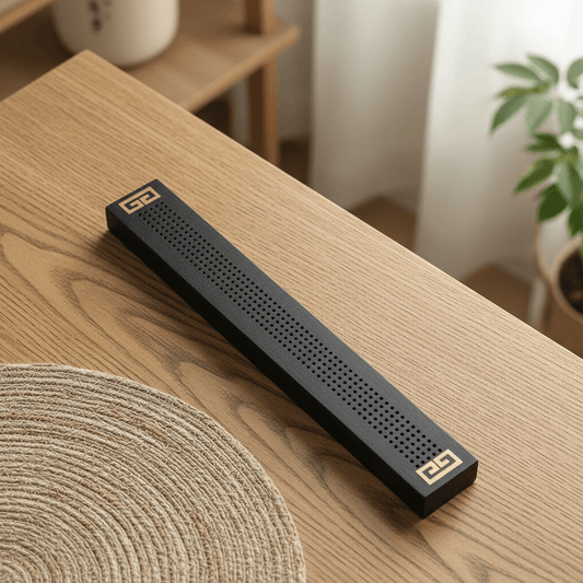 Incense Stick Holder with Ash Catcher Cloud displayed on a wooden table, featuring a sleek black design and decorative details.