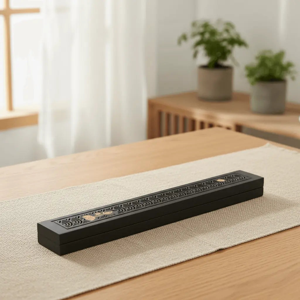 Black covered incense stick holder with lotus detail on a table
