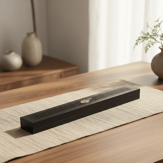 Incense Stick Holder with Ash Catcher Lotus on a wooden table, featuring a sleek covered design for a cleaner burn.