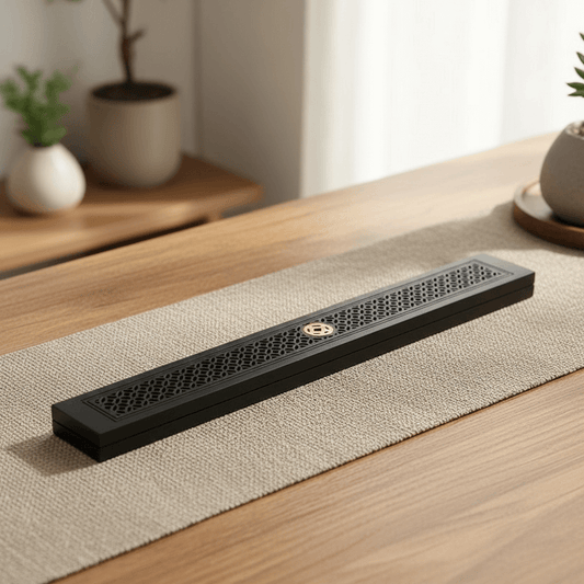 Black covered incense stick holder with ash catcher and prosperous wealth symbol detail