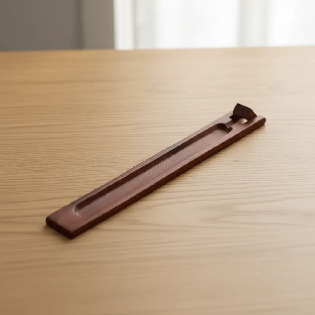 Incense Stick Wooden Holder (Type 1) on a wooden table, designed to catch ash from incense sticks.