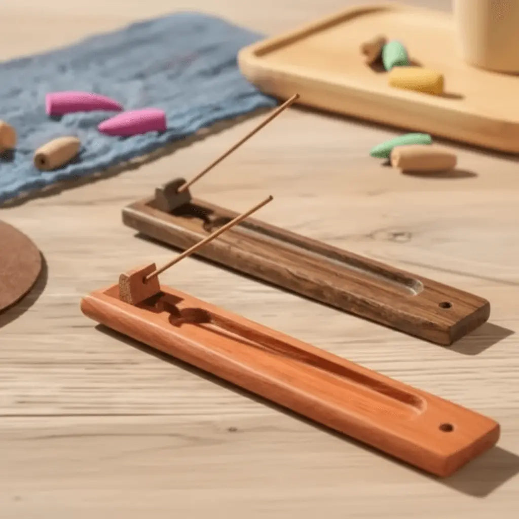 Incense Stick Wooden Holder displaying two wooden trays for incense sticks on a wooden table, showcasing their design and functionality.