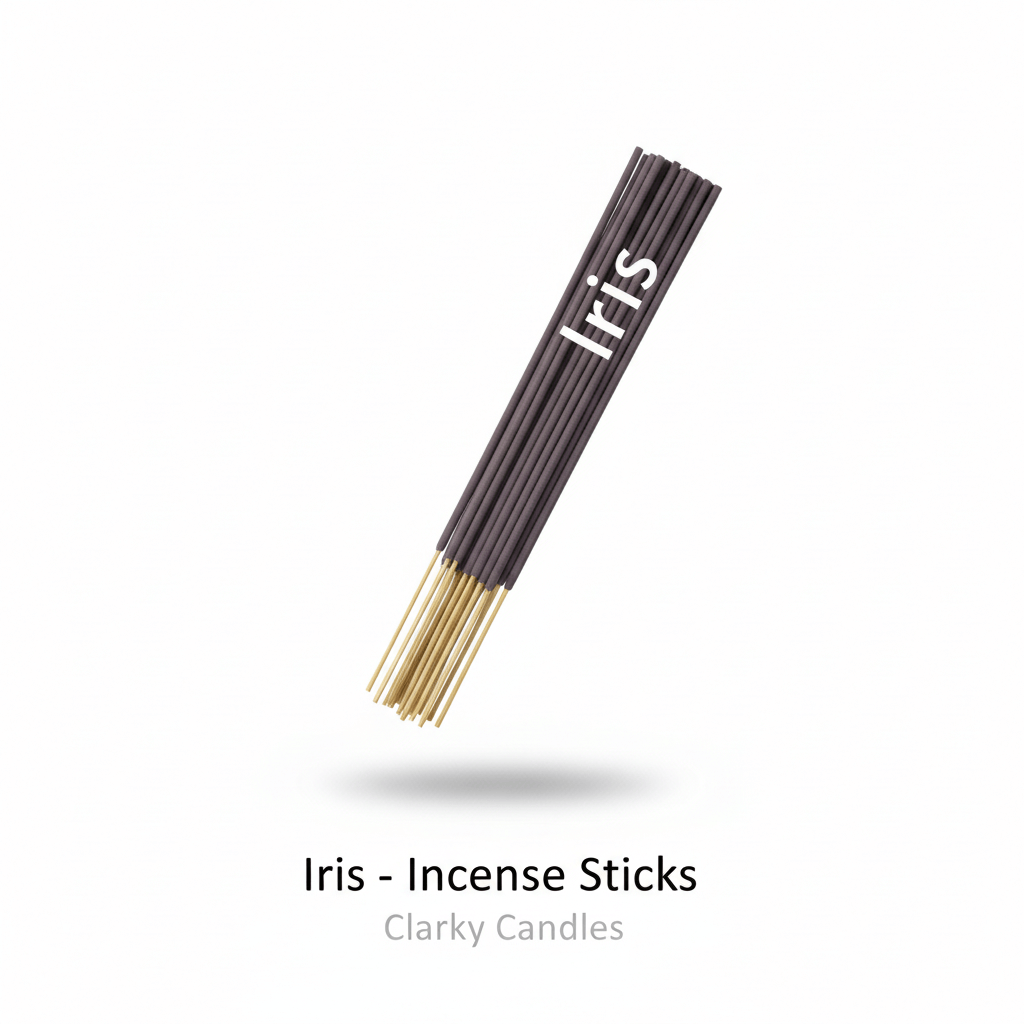 Iris incense sticks bundle on white background with label Iris - Incense Sticks