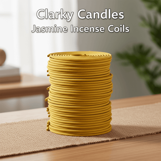 Stack of jasmine incense coils with Clarky Candles jasmine incense coils text overlay
